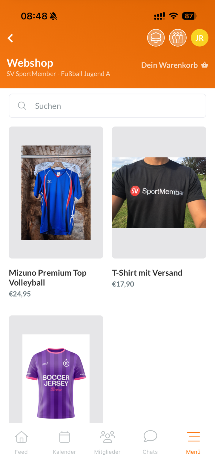 Vereins-Webshop in der SportMember App: Teamartikel wie Trikots und T-Shirts zum Verkauf
